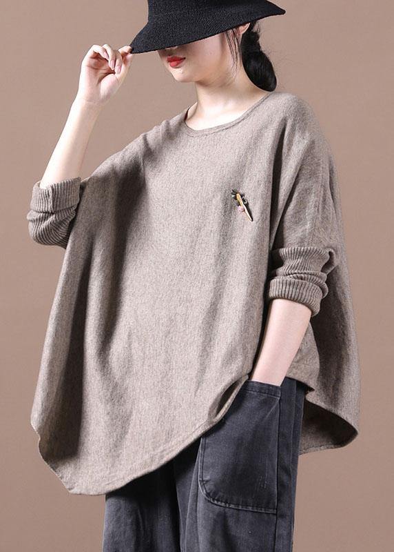 Simple Khaki O-Neck Asymmetrical Design Fall Knitted Top