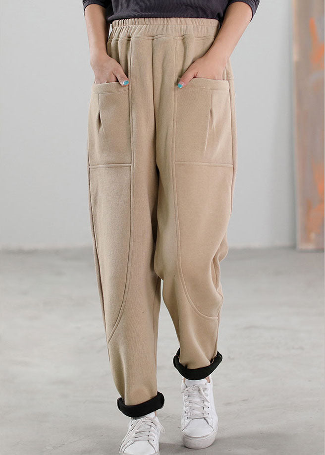 Simple Khaki Pockets Warm Fleece Pants Winter