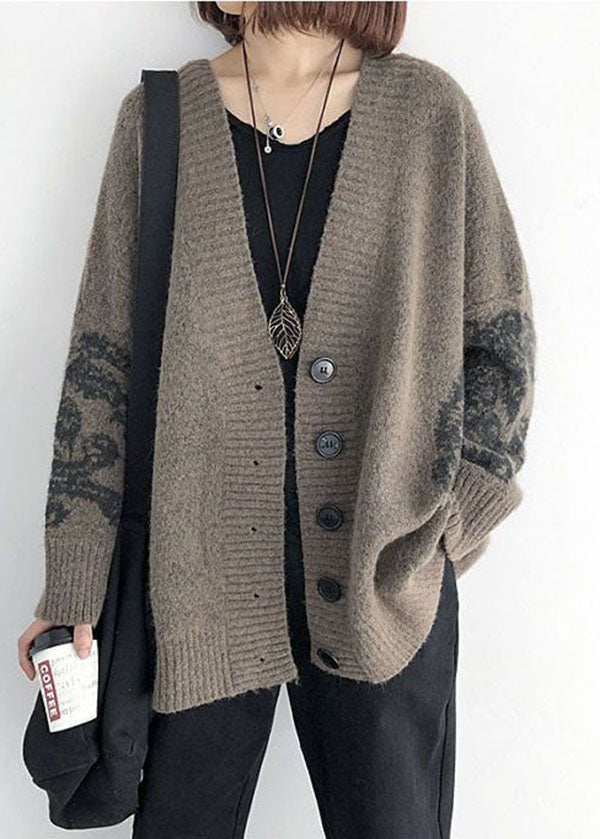 Simple Khaki V Neck Print Knit Loose Cardigan Spring