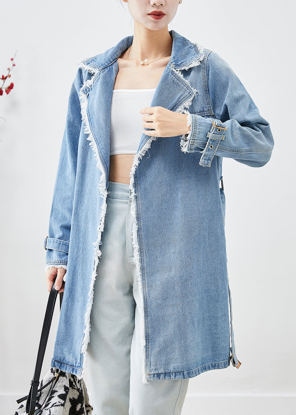 Simple Light Blue Lapel Tasseled Denim Trench Fall