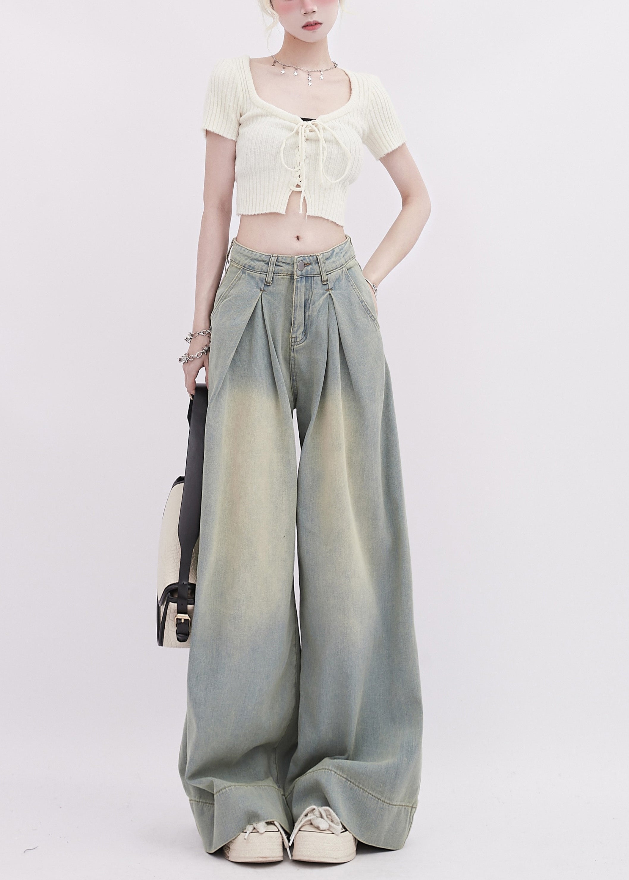 Simple Light Blue Wrinkled Denim Wide Leg Pants Spring