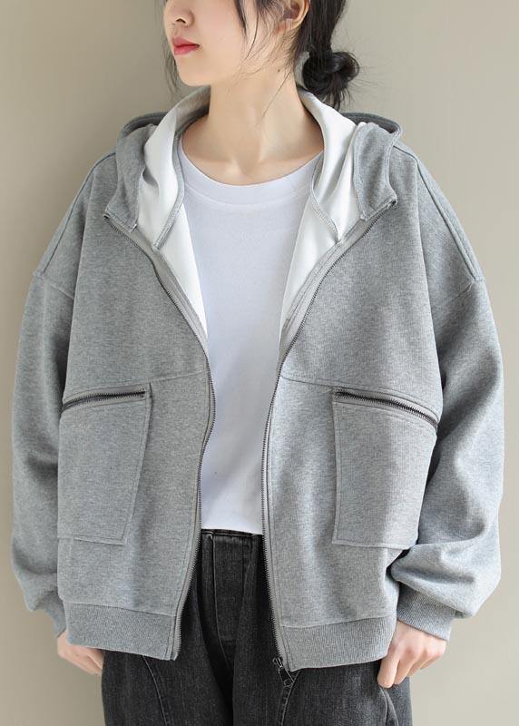 Simple Light Gray Fashion Coat For Woman Tops Hooded Zip Up Spring Coats