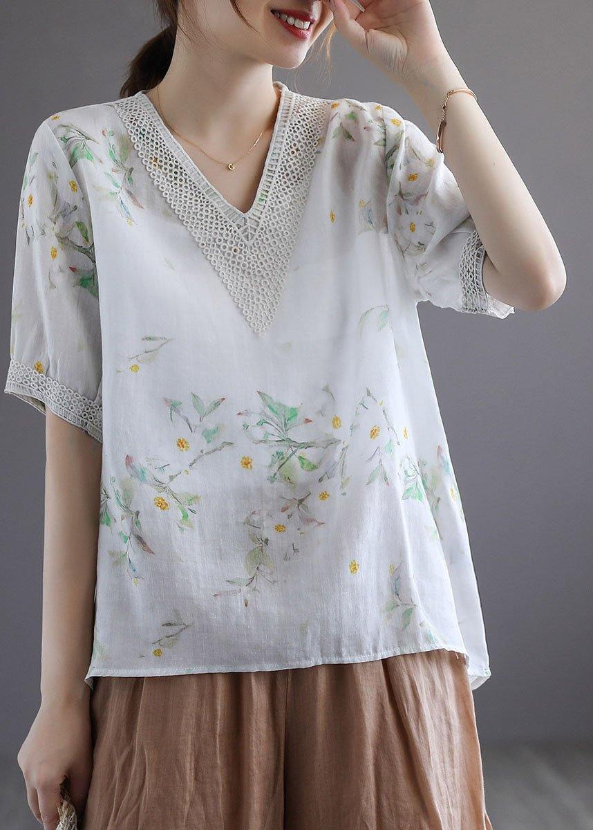 Simple Light Green V-Neck Print Floral Summer Ramie Shirt Top Short Sleeve