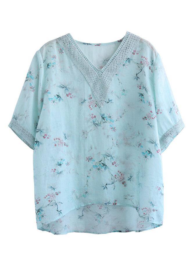 Simple Light Green V-Neck Print Floral Summer Ramie Shirt Top Short Sleeve