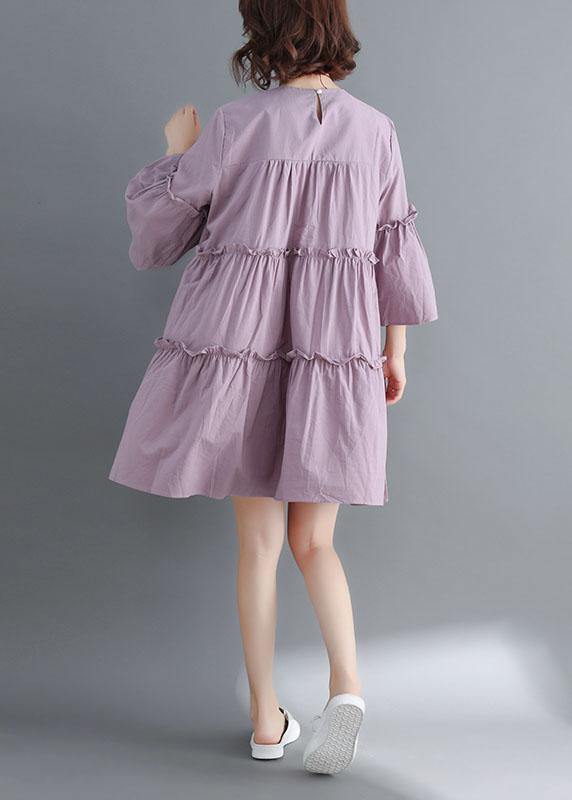 Simple Light Purple O-Neck Tiered Cotton Summer Dress