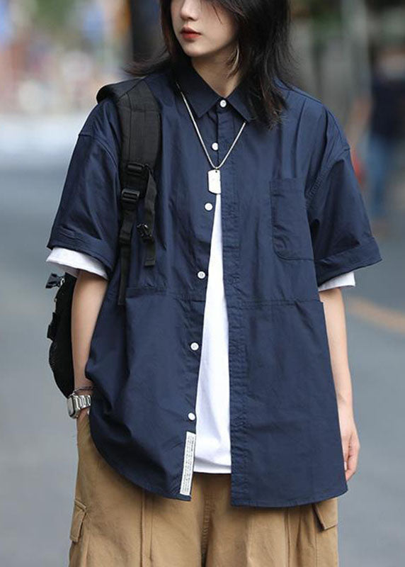 Simple Navy Peter Pan Collar Button Pockets Fall Shirt Half Sleeve