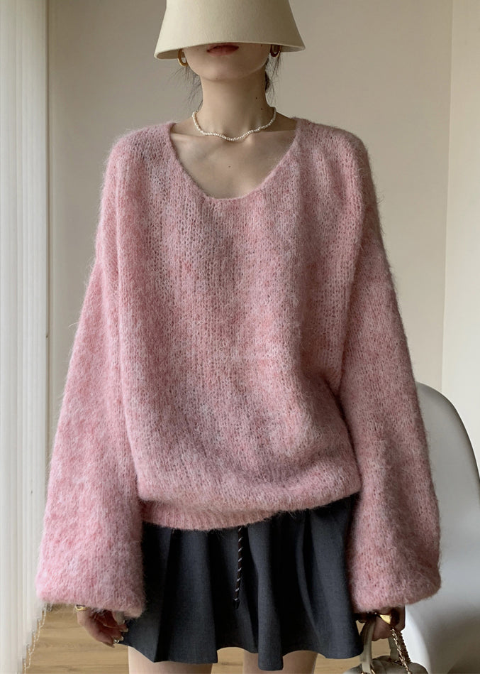 Simple Pink V Neck Cozy Cotton Knit Sweaters Spring