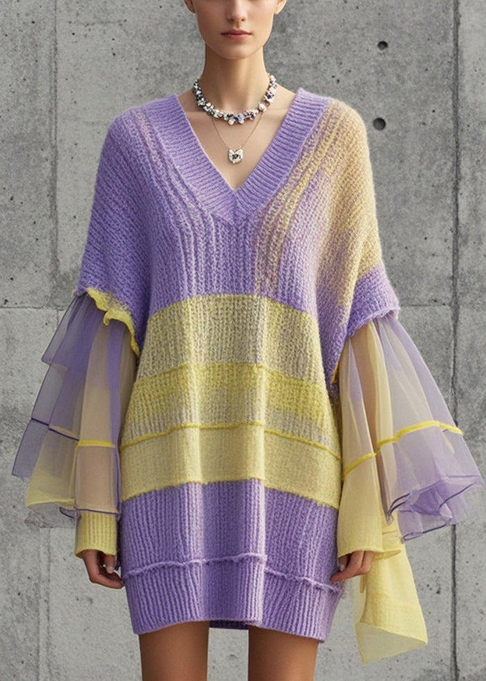 Simple Purple V Neck Patchwork Tulle Sweater Dress Fall