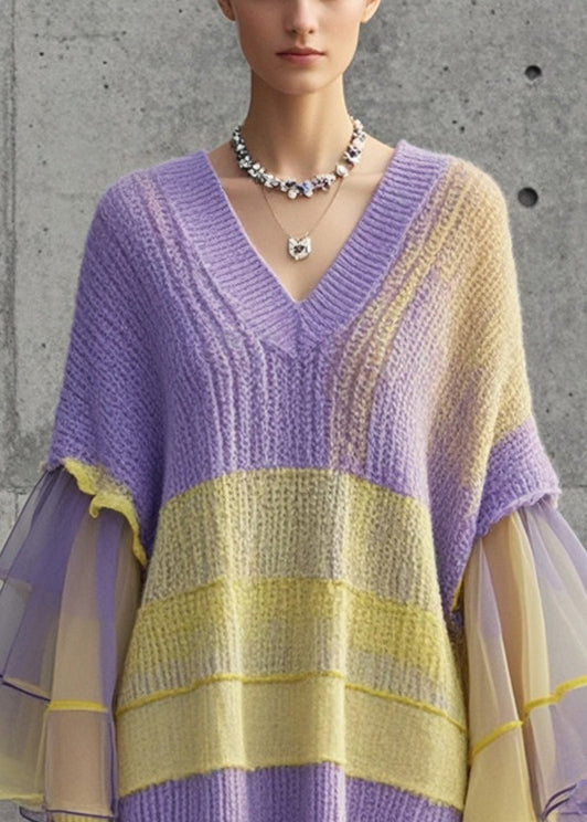 Simple Purple V Neck Patchwork Tulle Sweater Dress Fall