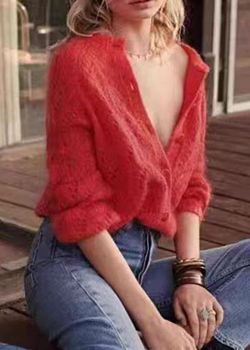 Simple Red Button Hollow Out Knit Cardigans Spring