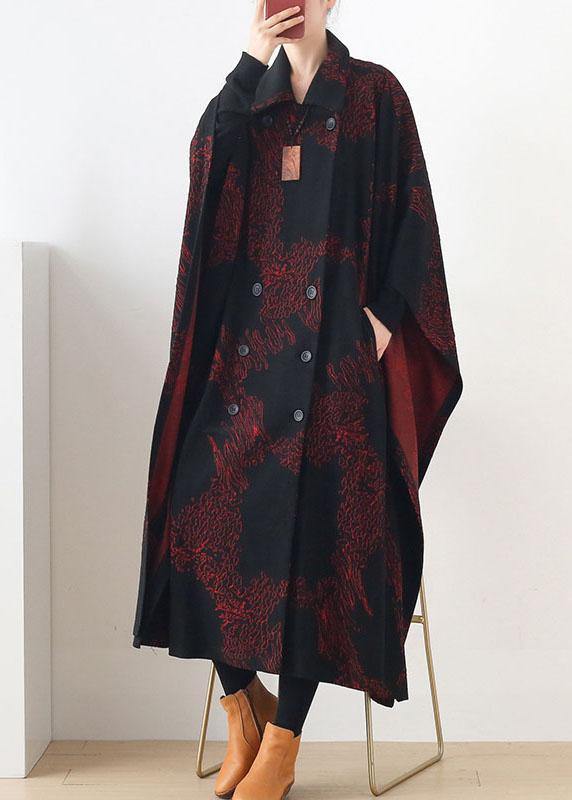 Simple Red Print Asymmetrical Design Button Coat Long