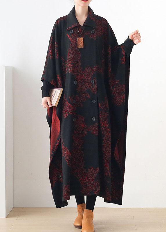 Simple Red Print Asymmetrical Design Button Coat Long