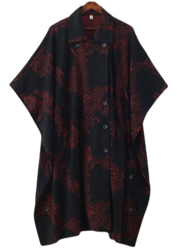 Simple Red Print Asymmetrical Design Button Coat Long