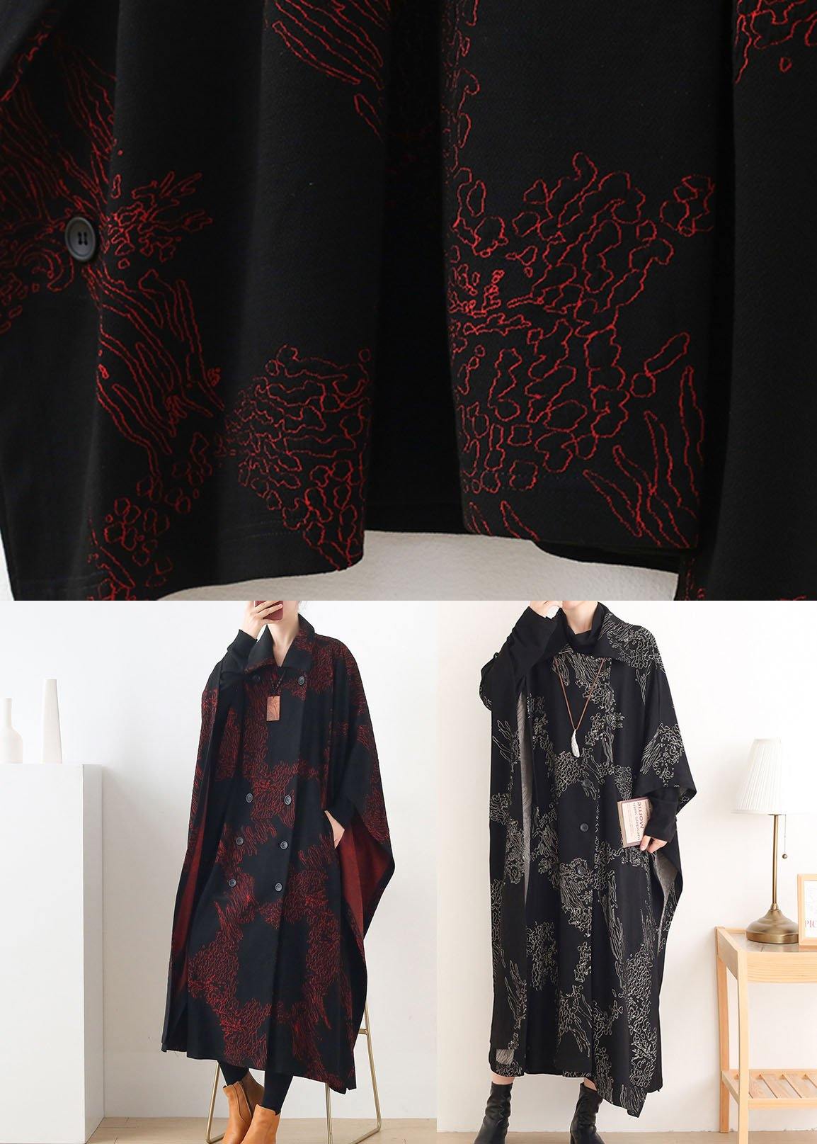 Simple Red Print Asymmetrical Design Button Coat Long