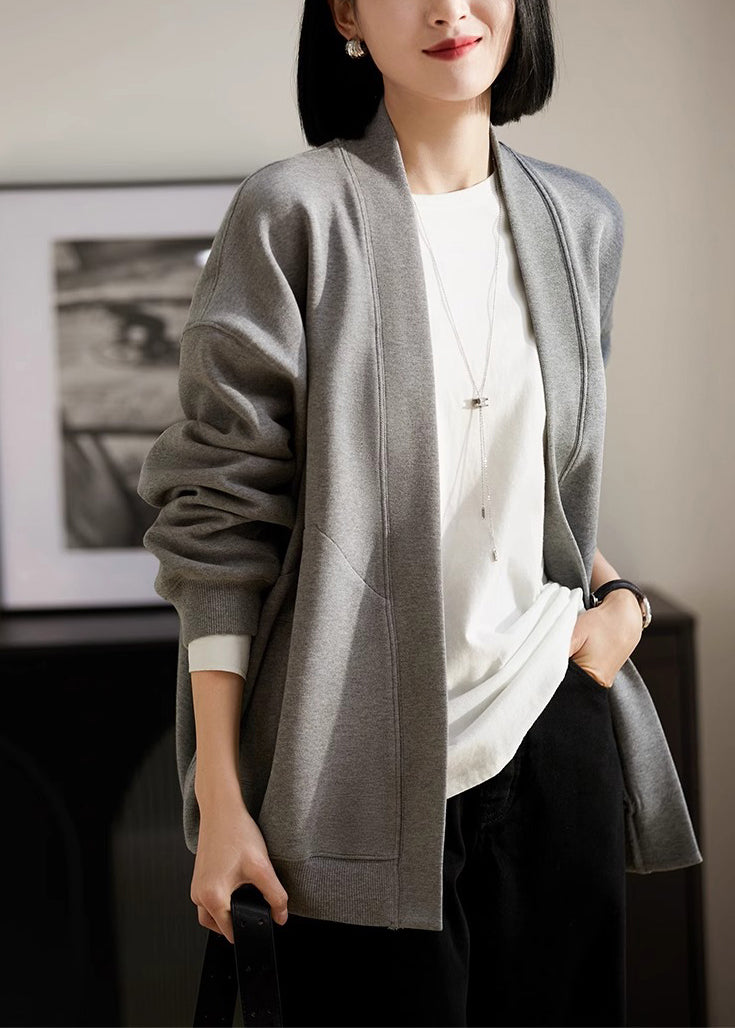 Simple Style Grey V Neck Pockets Cotton Cardigans Spring