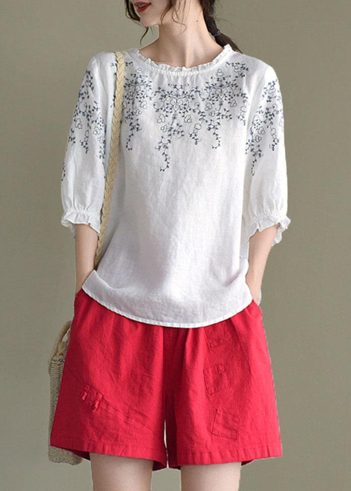 Simple White Loose O-Neck Embroideried Summer Linen Blouse Top