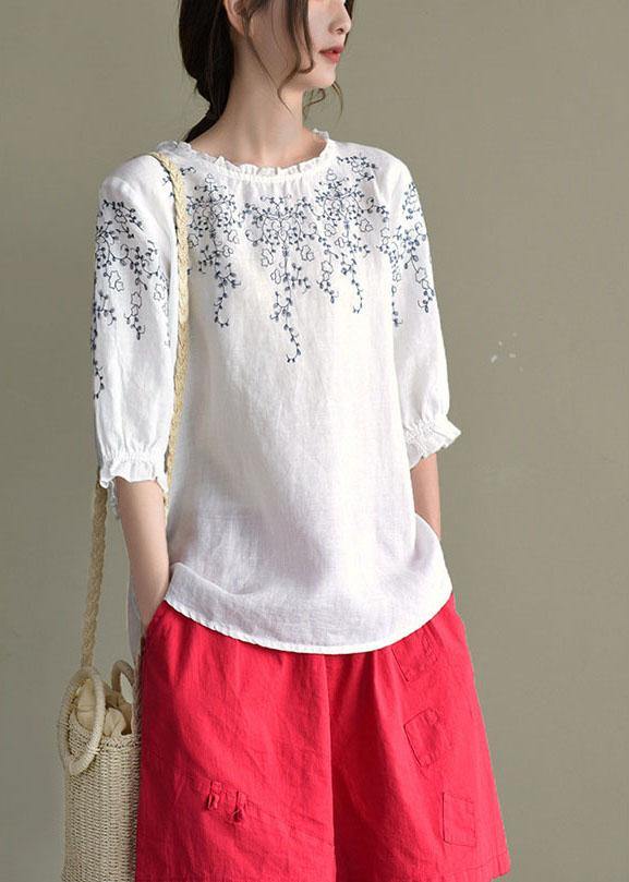 Simple White Loose O-Neck Embroideried Summer Linen Blouse Top