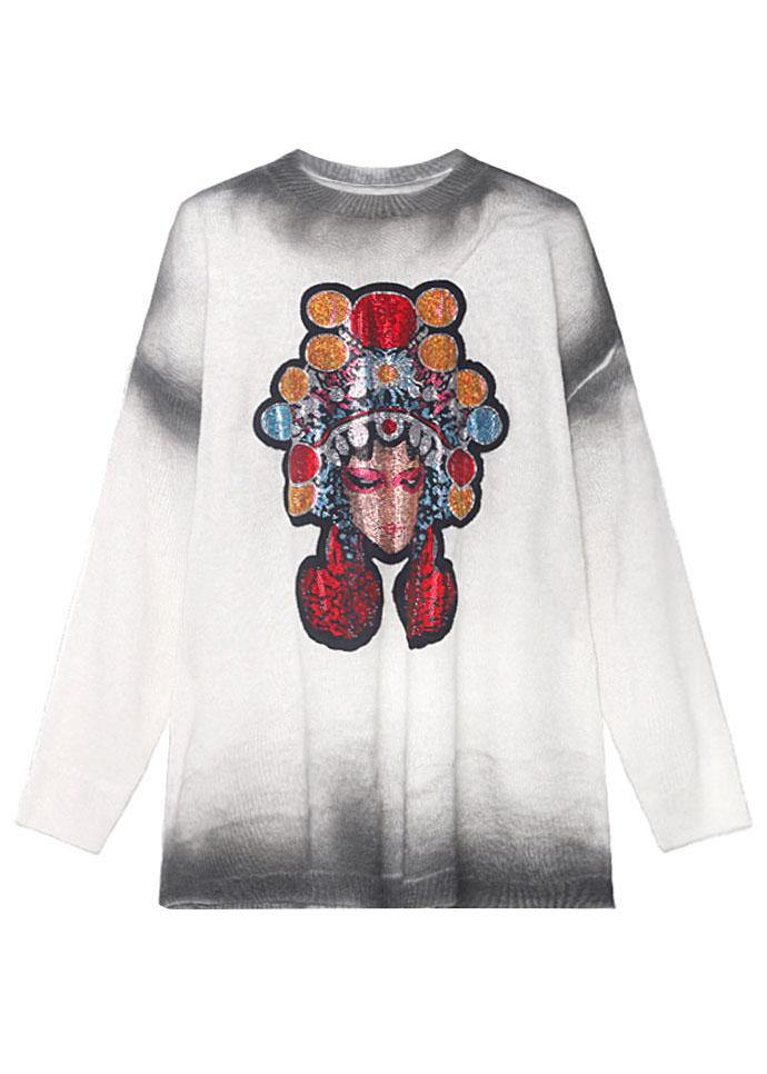 Simple White Loose O-Neck Tie Dye Fall Long Knit Top