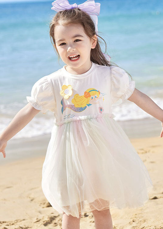 Simple White Ruffled Cartoon Print Patchwork Tulle Kids Girls Dresses Summer