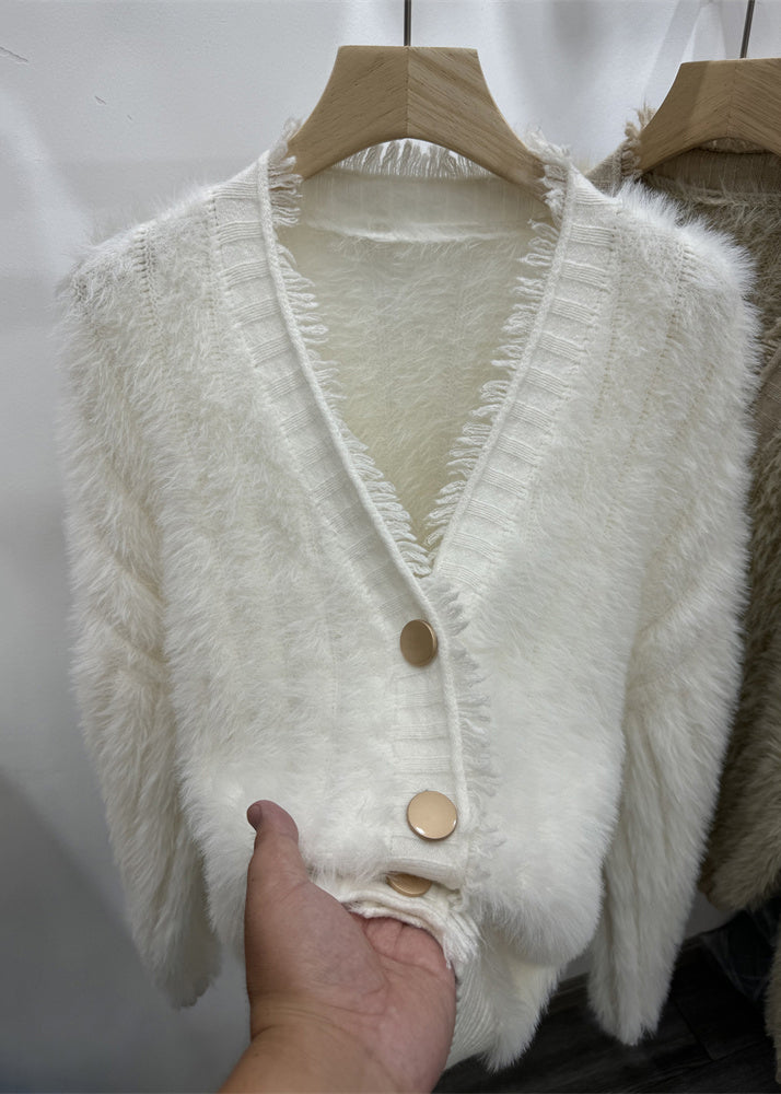 Simple White V Neck Button Mink Hair Knitted Cardigan Spring