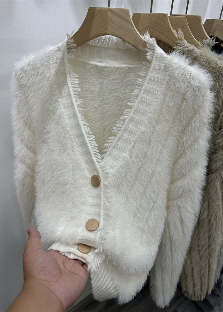 Simple White V Neck Button Mink Hair Knitted Cardigan Spring