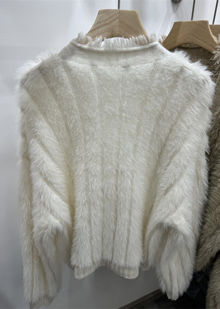 Simple White V Neck Button Mink Hair Knitted Cardigan Spring