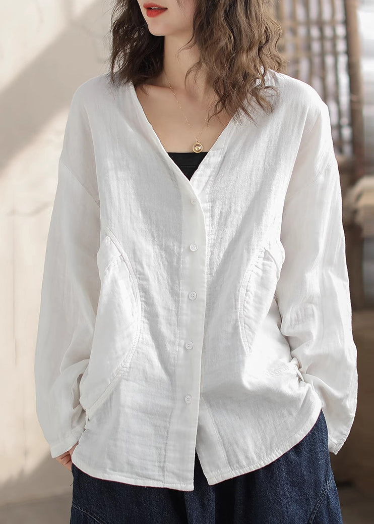 Simple White V Neck Pockets Cotton Shirt Tops Spring