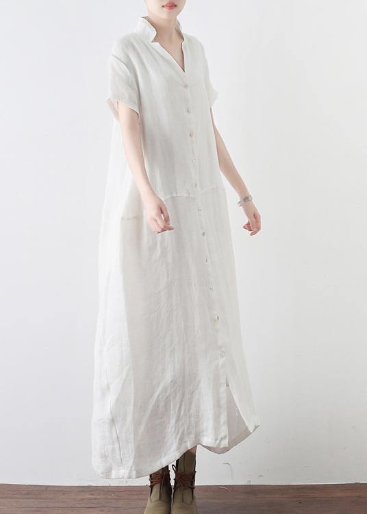 Simple White V Neck Vacation Dress Summer Linen Dress