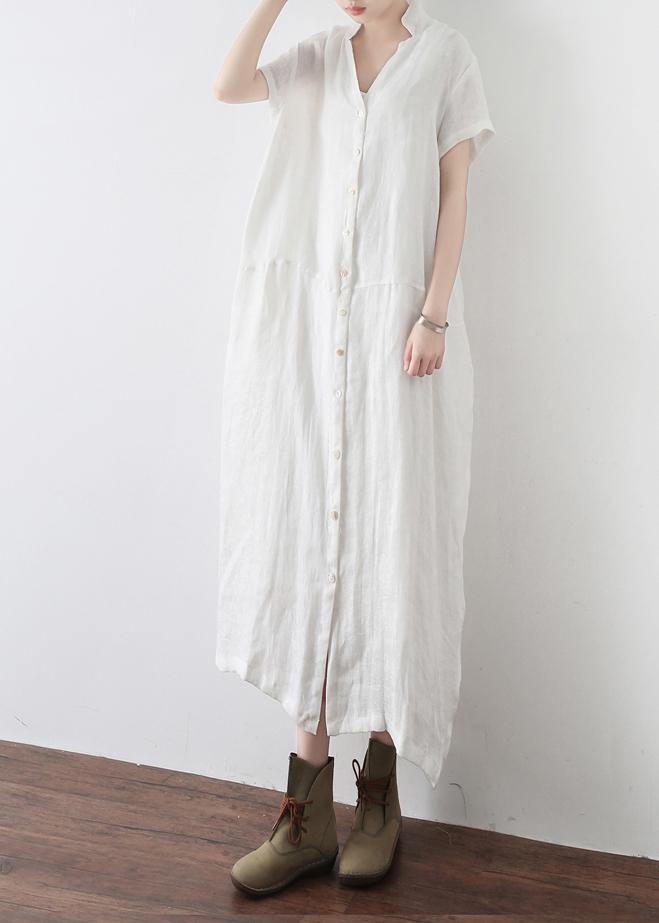 Simple White V Neck Vacation Dress Summer Linen Dress