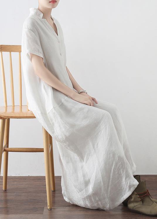 Simple White V Neck Vacation Dress Summer Linen Dress