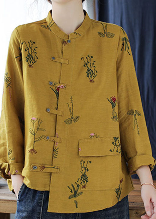 Simple Yellow Embroideried Linen Shirt Long Sleeve