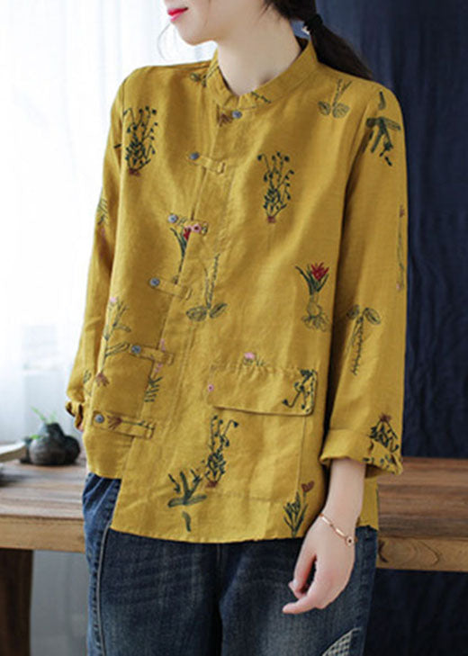 Simple Yellow Embroideried Linen Shirt Long Sleeve