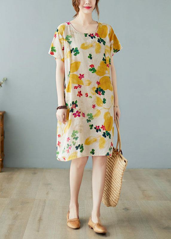 Simple Yellow O Neck Print Dress Cotton Linen Summer