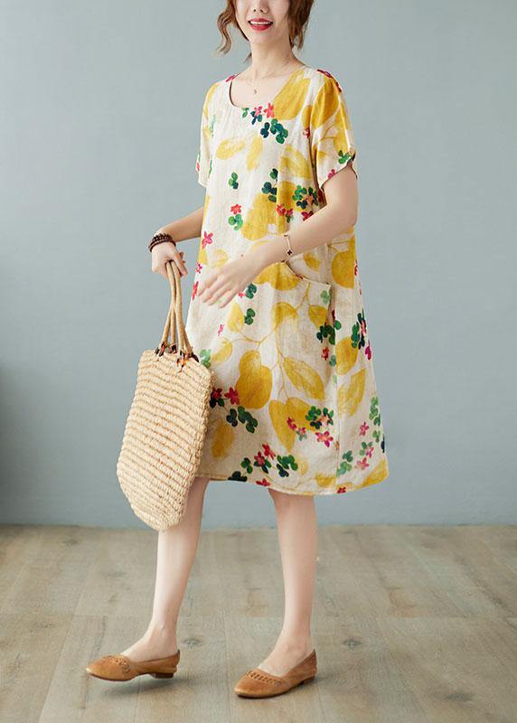 Simple Yellow O Neck Print Dress Cotton Linen Summer