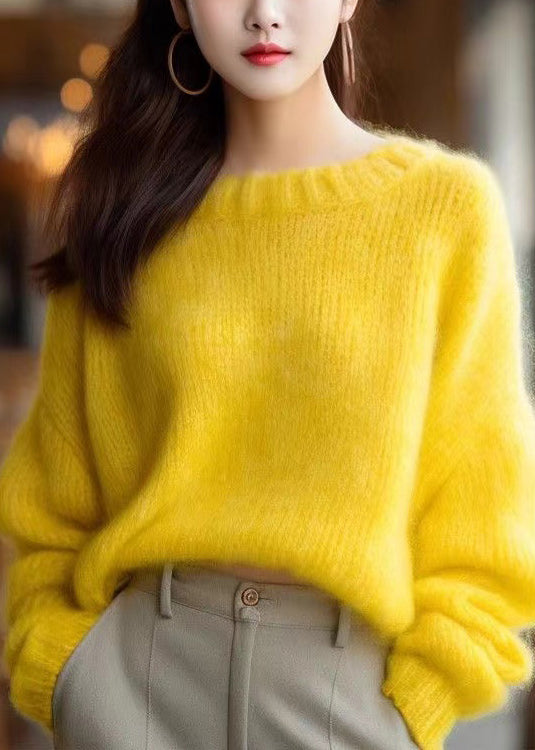 Simple Yellow O Neck Solid Knit Sweater Spring