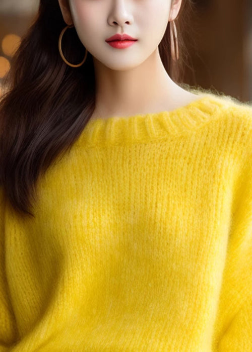 Simple Yellow O Neck Solid Knit Sweater Spring