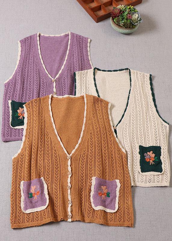 Simple Yellow Pockets Button Embroideried Fall Knit Vest