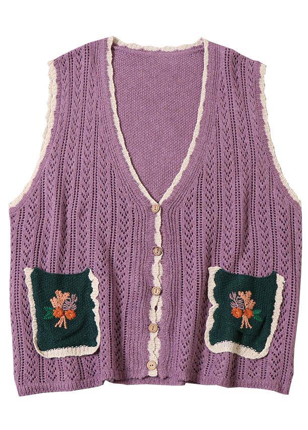 Simple Yellow Pockets Button Embroideried Fall Knit Vest