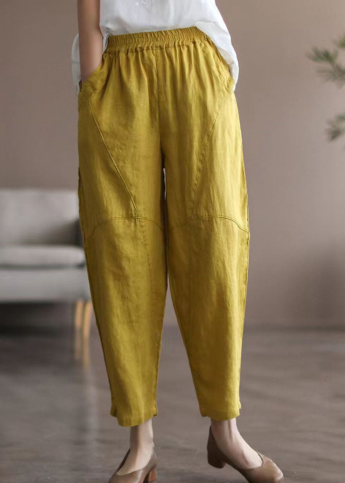 Simple Yellow Pockets Patchwork Linen Crop Pants Summer