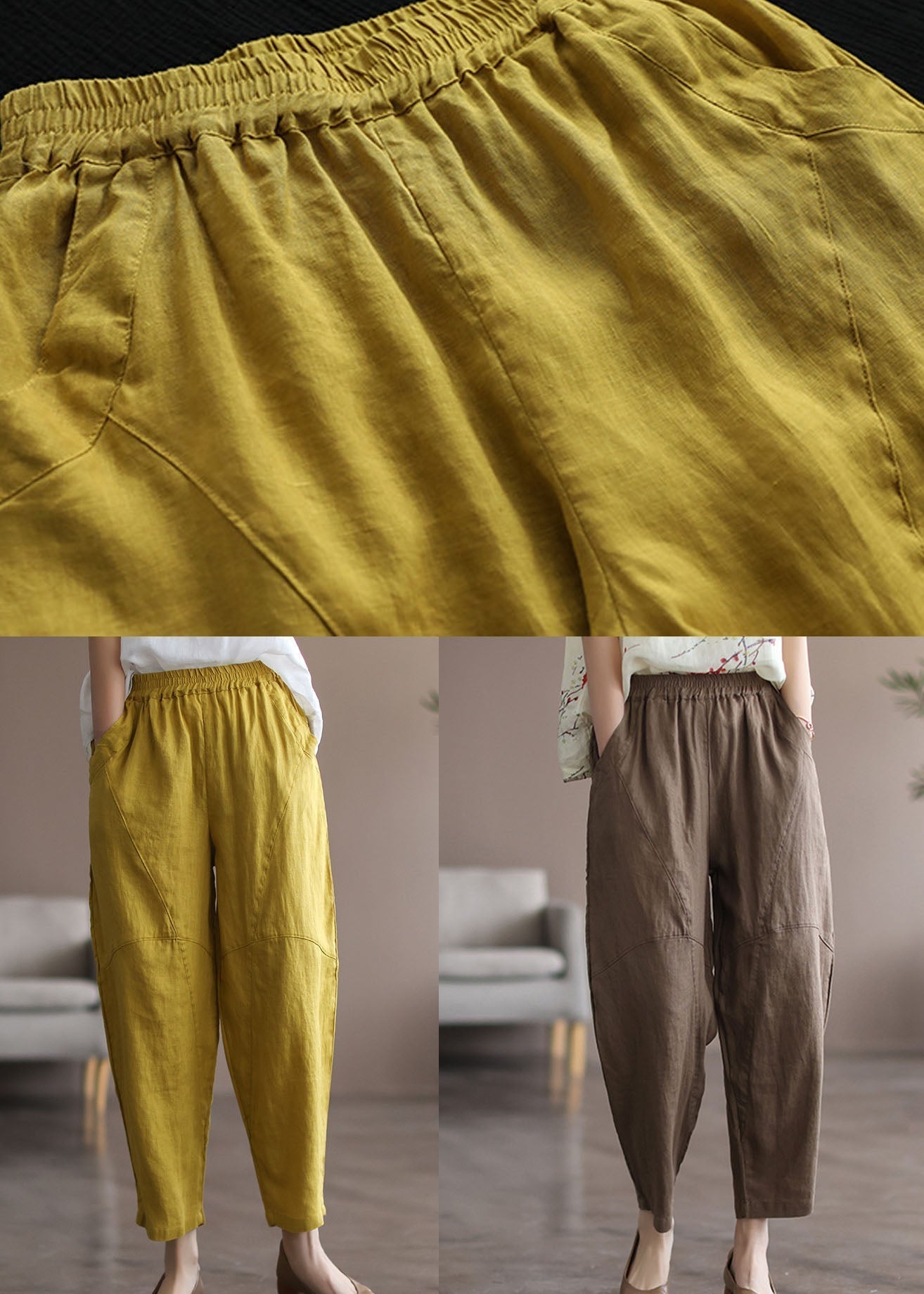 Simple Yellow Pockets Patchwork Linen Crop Pants Summer