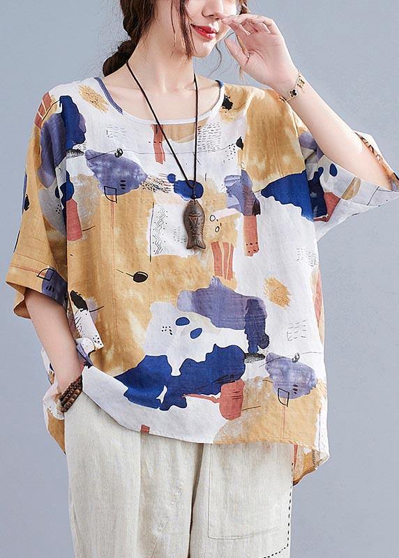 Simple Yellow Print Cotton Linen Shirt Top Summer