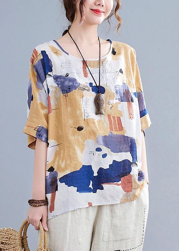 Simple Yellow Print Cotton Linen Shirt Top Summer