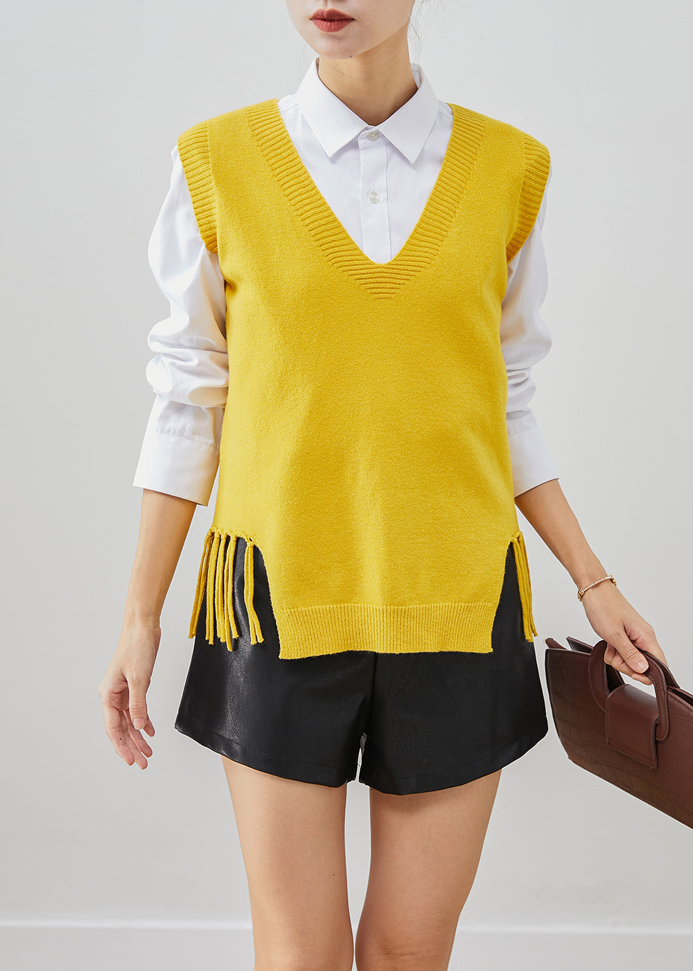 Simple Yellow V Neck Tasseled Knit Vest Tops Fall