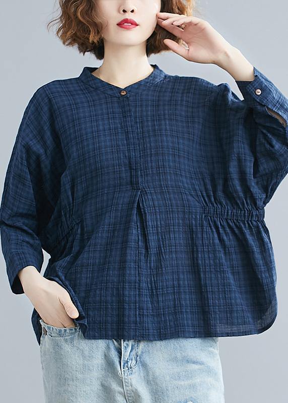 Simple blue cotton crane tops stand collar Batwing Sleeve short shirts