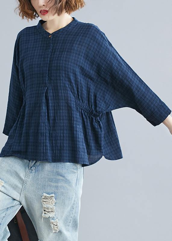 Simple blue cotton crane tops stand collar Batwing Sleeve short shirts