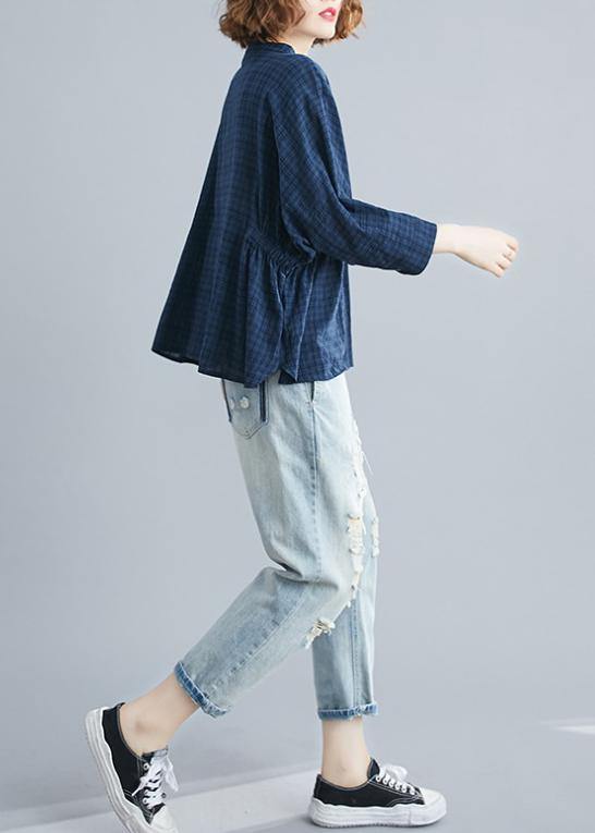 Simple blue cotton crane tops stand collar Batwing Sleeve short shirts