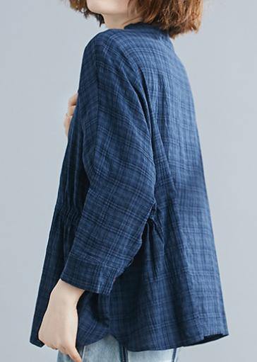 Simple blue cotton crane tops stand collar Batwing Sleeve short shirts