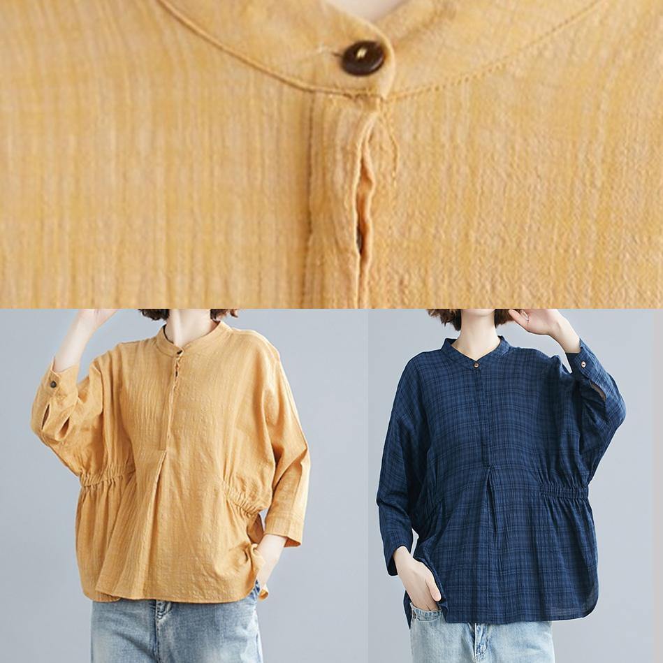 Simple blue cotton crane tops stand collar Batwing Sleeve short shirts