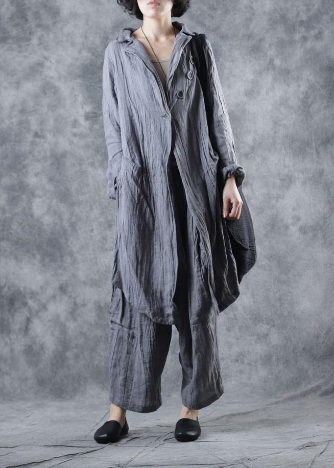 Simple gray linen tunic top lapel collar Midi long sleeve coat