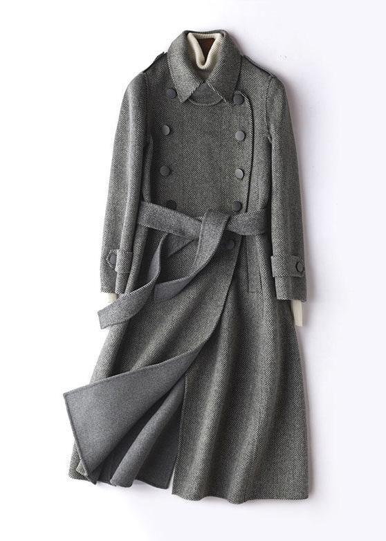 Simple gray striped Plus Size Long Woolen CoatsTutorials lapel tie waist outwears